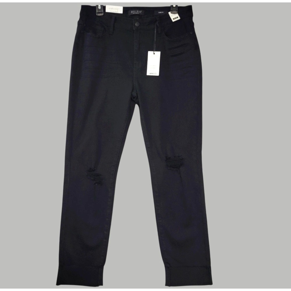 Judy Blue Jeans Womens 31 Black Straight Slim Fit Mid Rise Distressed Cuffed NEW